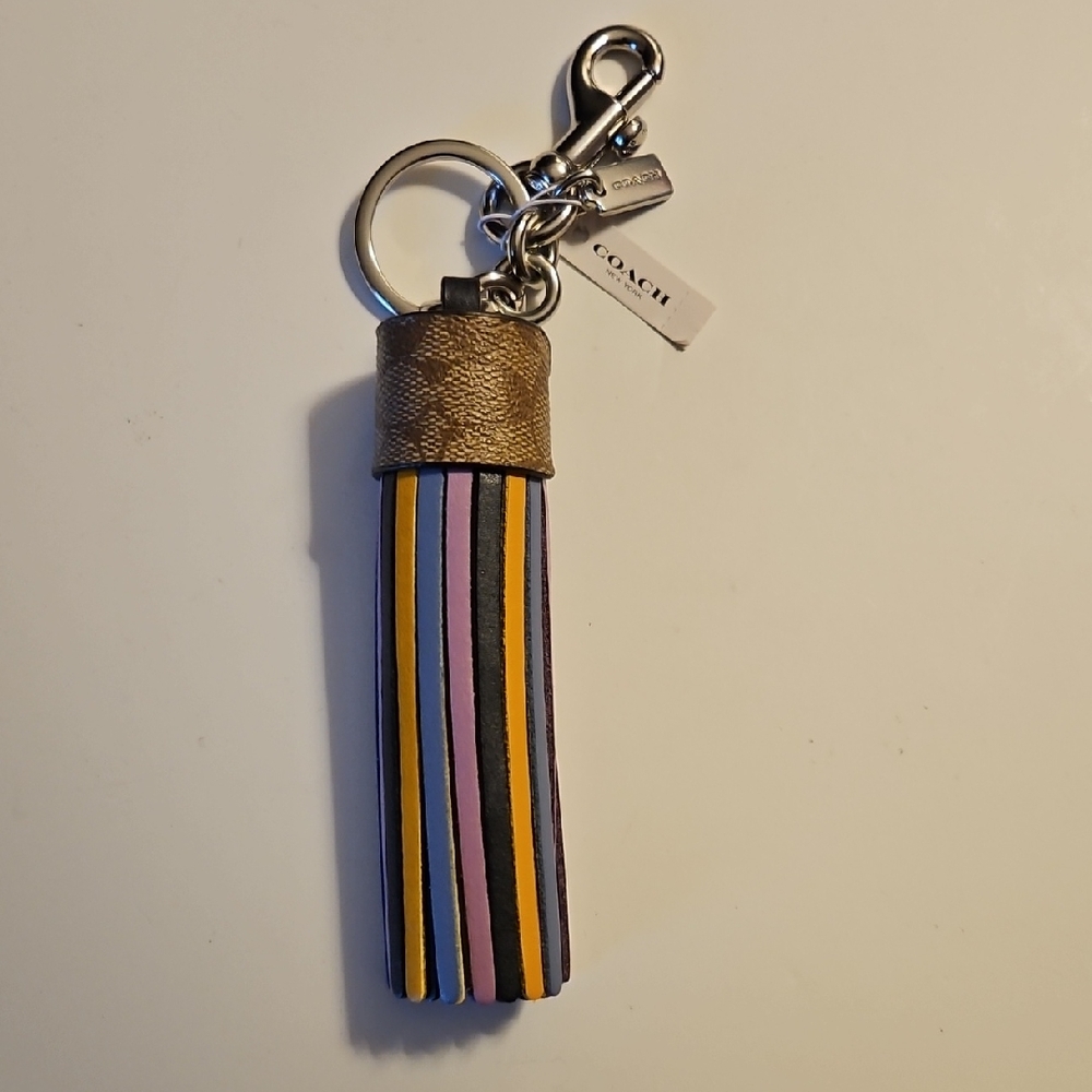 Coach Striped Leather Tassel Keychain Signature Canvas.4 3/4" Long New With Tags
